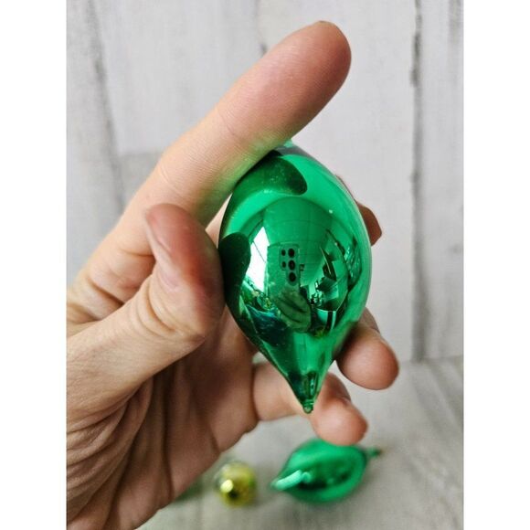 Vintage green ball teardrop Kurt Adler glitter silver set ornament tree Xmas - Picture 6 of 8